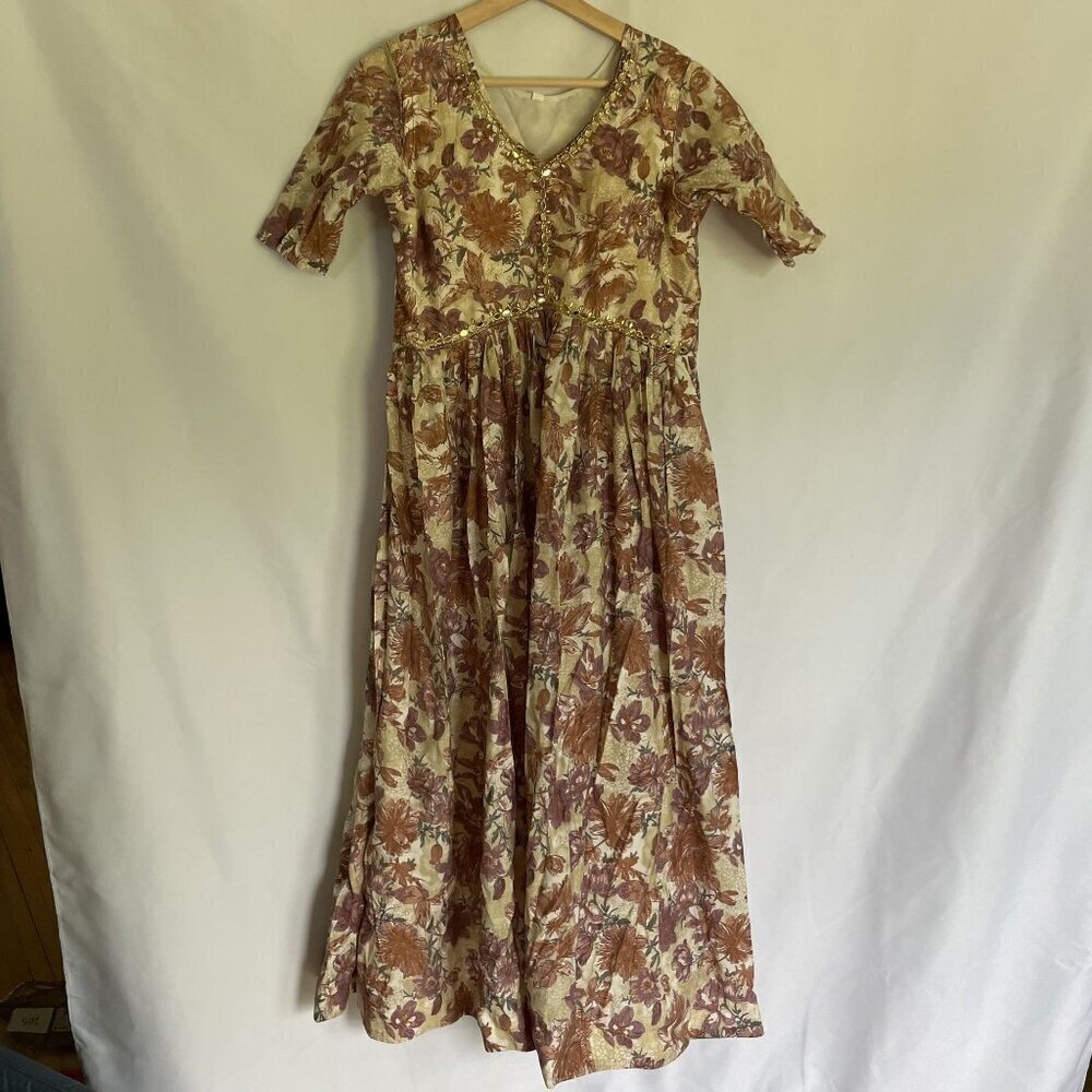 Purple and cream indian floral short sleeved maxi dress full skirt size large
